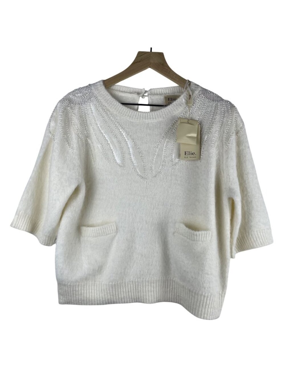Elie Tahari Women's Embellished Beaded Fuzzy Sweater Porcelain White Large NWT